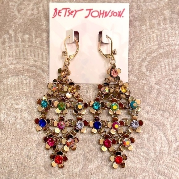 Brand New Betsey Johnson Colorful Flower Necklace & Drop Earring Set Gold Tone - Picture 6 of 11